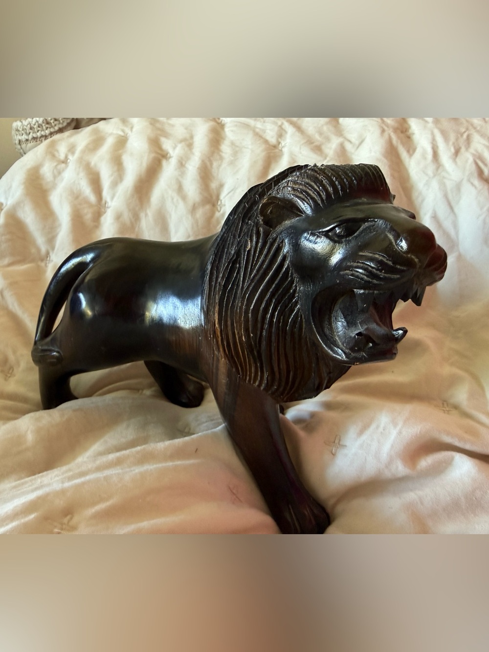 Hand Carved Wooden Roaring Lion Sculpture Dark Wood Safari Decor